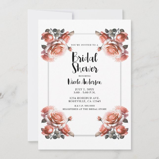 Invitation Mariage Douces Roses Corail pêche Bridal Shower  (Devant)