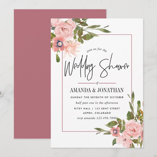 Invitation Mariage douche aquarelle rose et or rose (Devant / Derrière)