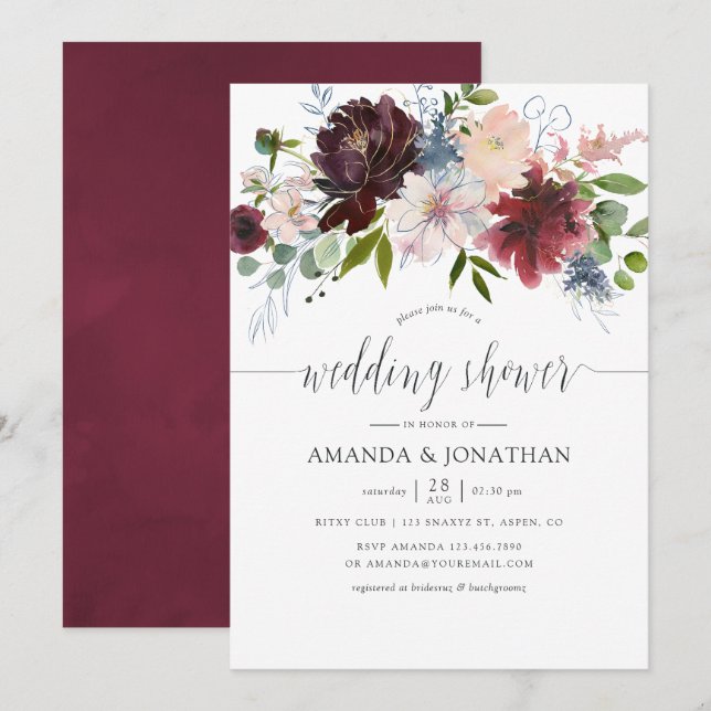Invitation Mariage douche floral bordeaux et marine (Devant / Derrière)
