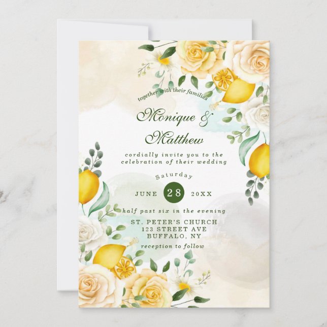 Invitation Mariage doux aux roses et citrons jaunes (Devant)