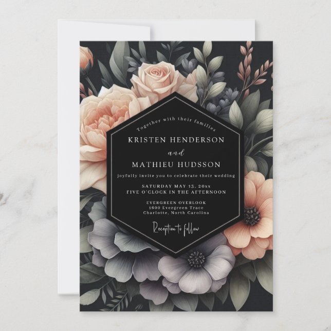 Invitation Mariage Dramatique Blush & Slate Bloom (Devant)