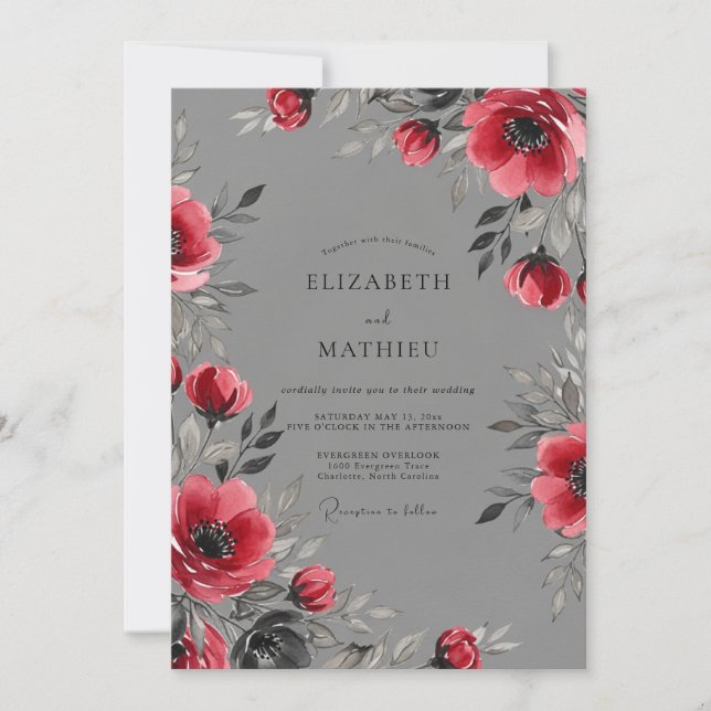 Invitation Mariage dramatique d'hiver gris cramoisi (Devant)