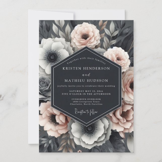 Invitation Mariage Dramatique Flora Blush Slate (Devant)
