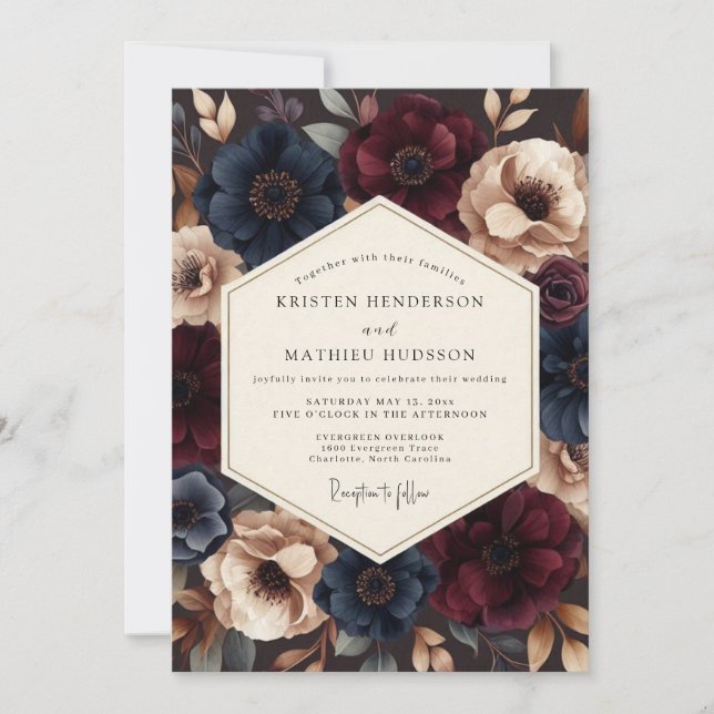 Invitation Mariage dramatique indigo et Bourgogne (Devant)
