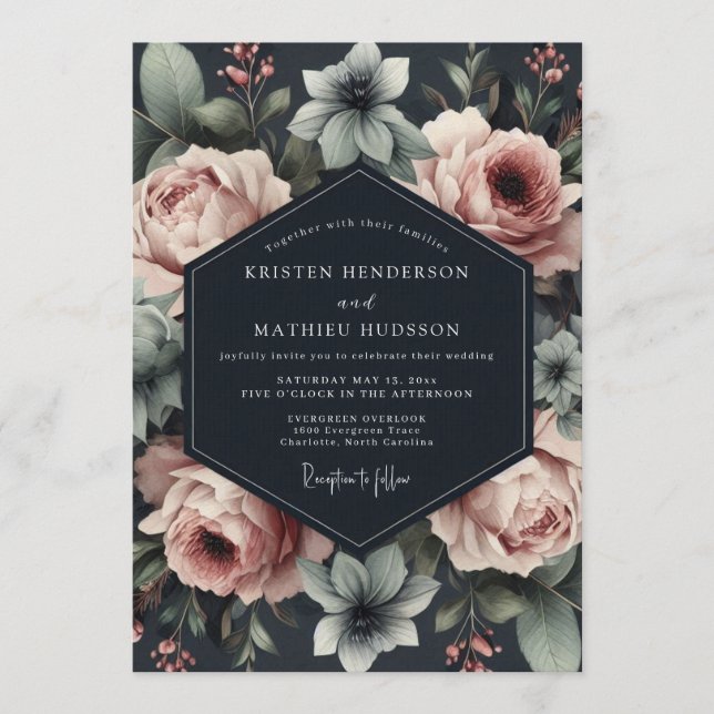 Invitation Mariage dramatique Rose Ardoise (Devant)
