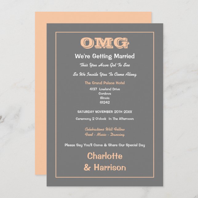 Invitation Mariage drôle et décontracté gris pêche (Devant / Derrière)