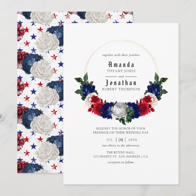 Invitation Mariage du 4 juillet rouge blanc et bleu (Devant / Derrière)