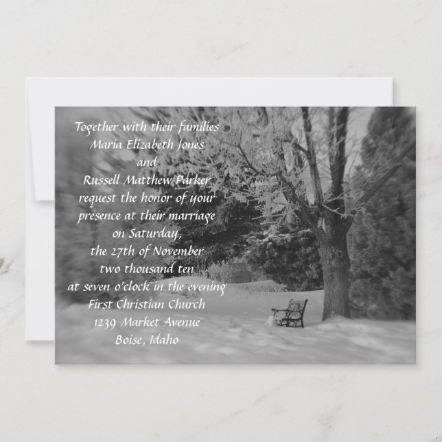 Invitation Mariage du banc d'hiver noir et blanc (Devant)