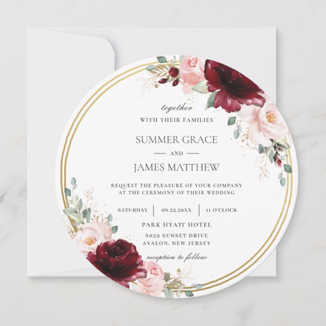 Invitation Mariage du cercle d'or rose floral de Bourgogne (Devant)