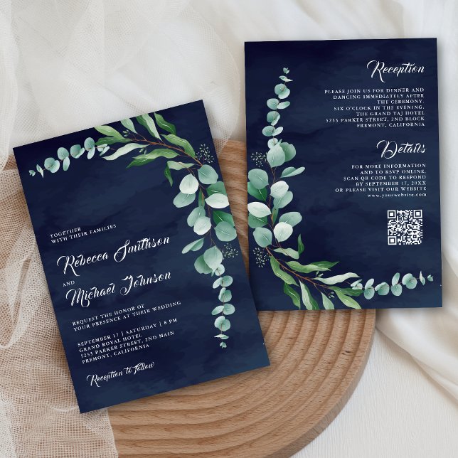 Invitation Mariage du code QR bleu de la marine de la branche (Créateur téléchargé)