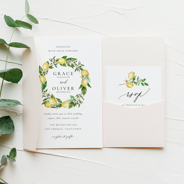 Invitation Mariage du code QR de la couronne végétale de citr (Fresh and elegant watercolor lemon wedding invitation and RSVP card for a nature-inspired weddings.)