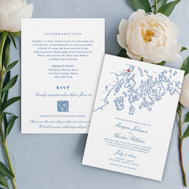 Invitation Mariage du code QR Point Maine All-in-One (French's Point Maine All-in-one QR code RSVP Wedding Invitation with navy blue Stockton Springs map)