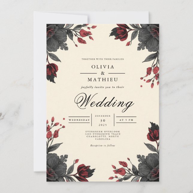 Invitation Mariage du coin floral Deep Crimson (Devant)