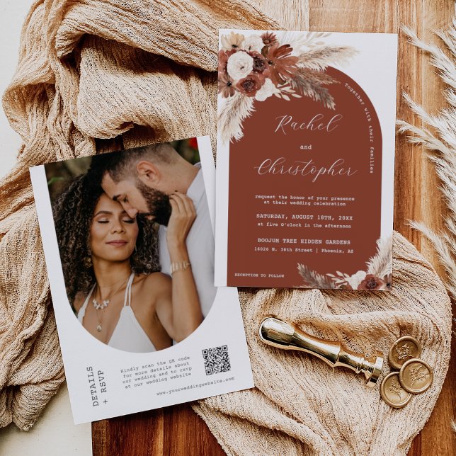 Invitation Mariage du désert Pampas Grass Boho Arch QR Code (Créateur téléchargé)
