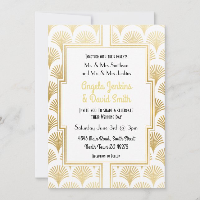 Invitation Mariage du Fan Gatsby Art Déco Blanc & Or des anné (Devant)