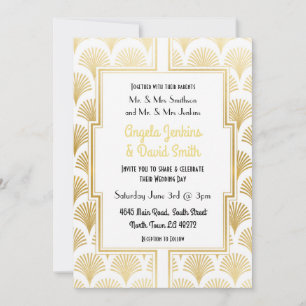 Invitation Mariage du Fan Gatsby Art Déco Blanc & Or des anné