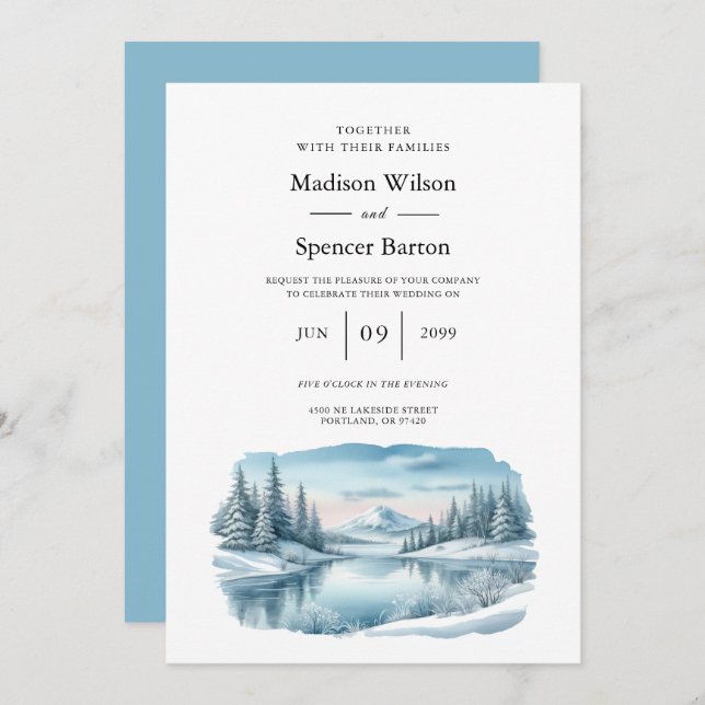 Invitation Mariage du lac Snowy Mountain Winter Lake (Devant / Derrière)