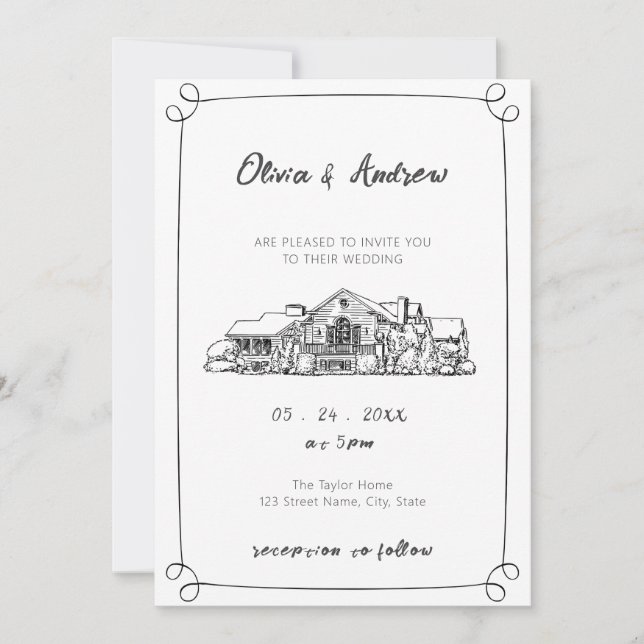 Invitation Mariage du lieu de croquis noir et blanc (Devant)