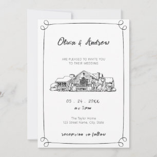 Invitation Mariage du lieu de croquis noir et blanc