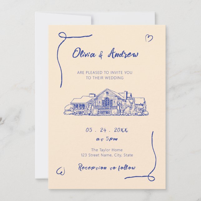 Invitation Mariage du lieu de l'esquisse de la main bleue (Devant)