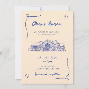 Invitation Mariage du lieu de l'esquisse de la main bleue
