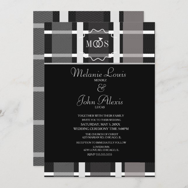 Invitation Mariage du logo de l'anneau moderne gris noir blan (Devant / Derrière)