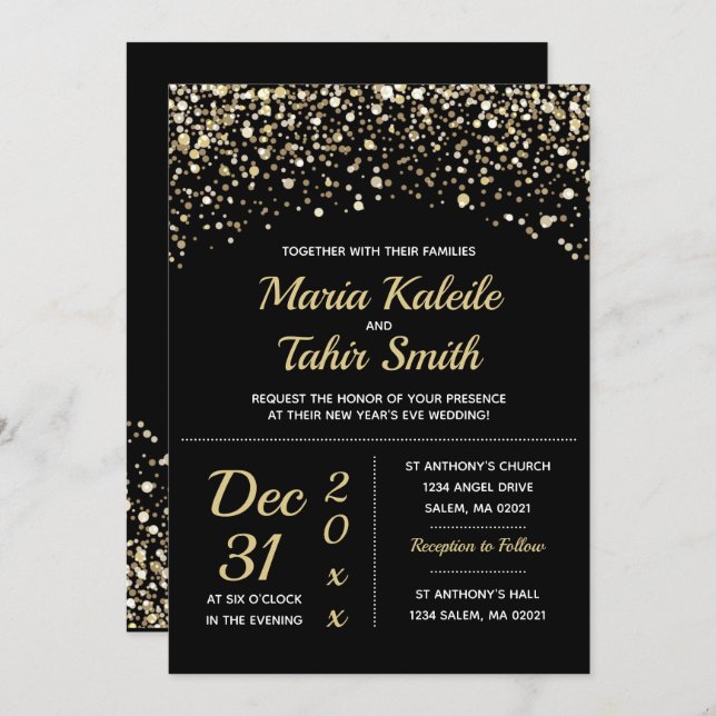 Invitation Mariage du Nouvel An à paillettes dorées (Devant / Derrière)