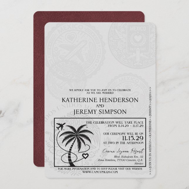 Invitation Mariage du passeport de Cancun en Bourgogne (Devant / Derrière)
