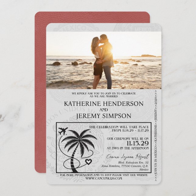 Invitation Mariage du passeport de Cancun en Bourgogne (Devant / Derrière)