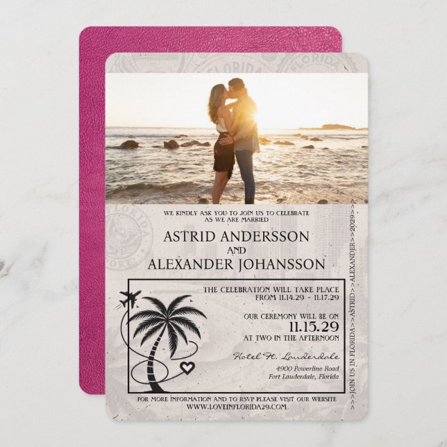 Invitation Mariage du passeport de la Floride Magenta Pink (Devant / Derrière)