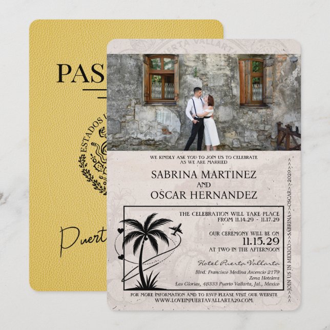 Invitation Mariage du passeport de la Puerta Vallarta Jaune (Devant / Derrière)