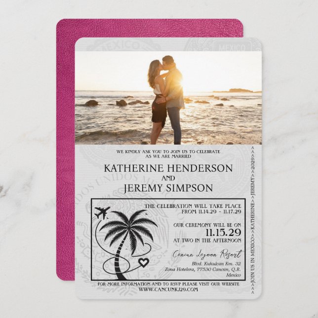 Invitation Mariage du passeport de Magenta Pink Cancun (Devant / Derrière)