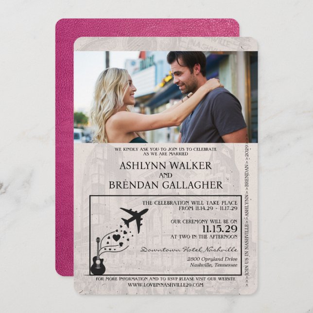 Invitation Mariage du passeport de Magenta Pink Nashville (Devant / Derrière)