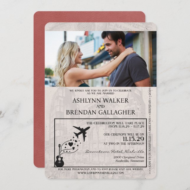 Invitation Mariage du passeport de Nashville en Bourgogne (Devant / Derrière)