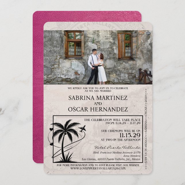 Invitation Mariage du passeport Magenta Pink Puerta Vallarta (Devant / Derrière)