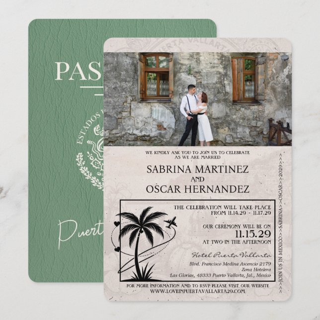 Invitation Mariage du passeport Sage Green Puerta Vallarta (Devant / Derrière)
