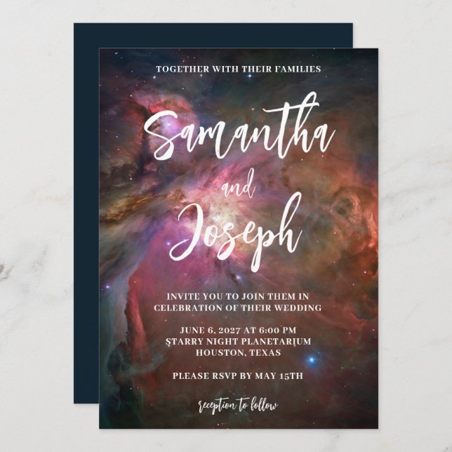 Invitation Mariage du Planétarium Nebula bleu foncé rose Orio (Devant / Derrière)
