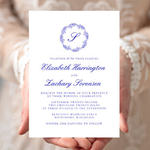 Invitation Mariage du script de couronne de monogramme bleu r