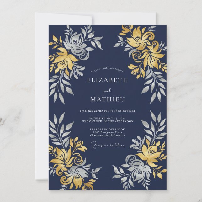 Invitation Mariage du soir bleu marine illustre (Devant)