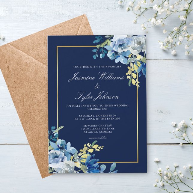 Invitation Mariage du soir élégant en or bleu marine (Créateur téléchargé)