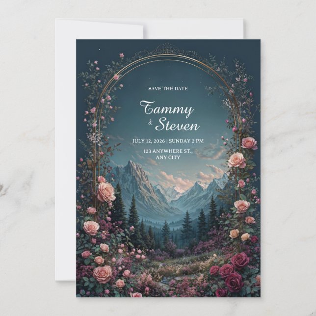 Invitation Mariage du soir sous une arche florale dans une va (Devant)