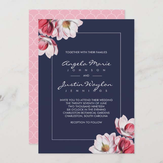 Invitation Mariage du sud de la Magnolia rose et bleu (Devant / Derrière)