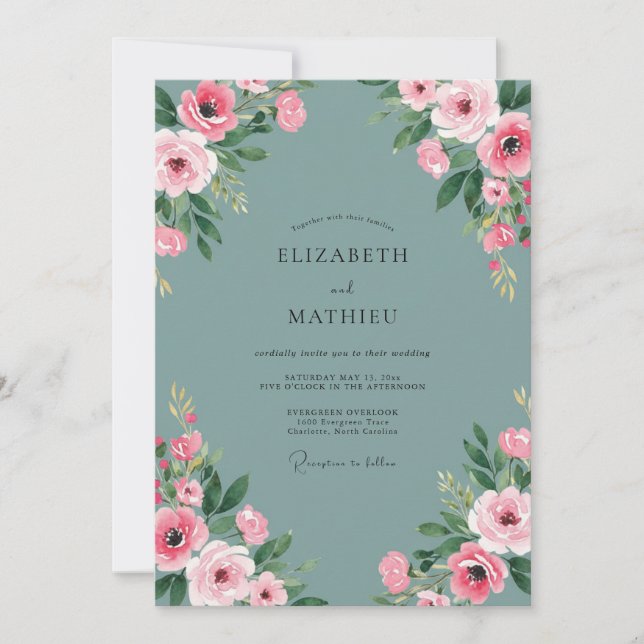 Invitation Mariage Dusty Aqua Pivoine (Devant)