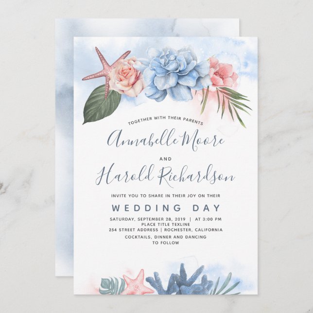 Invitation Mariage Dusty Blue and Blush Tropical Beach (Devant / Derrière)