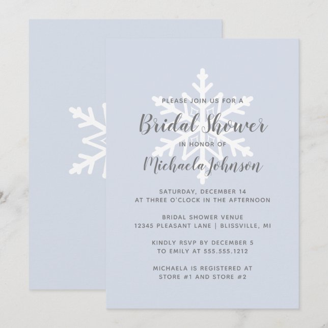 Invitation Mariage Dusty Blue Flocon de Neige Hivernal (Devant / Derrière)