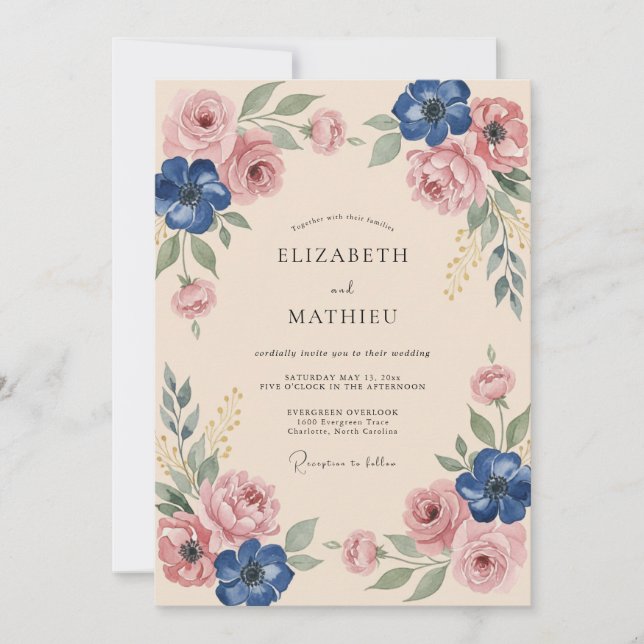Invitation Mariage Dusty Blue Floral Blush (Devant)