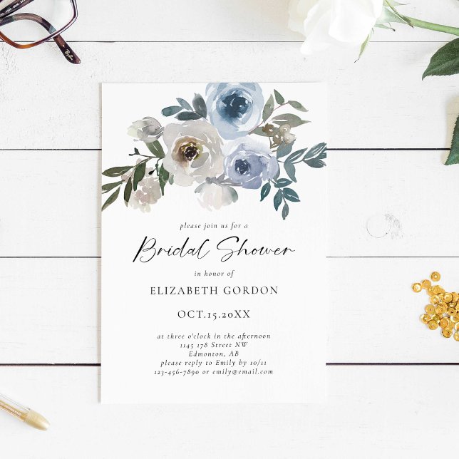 Invitation Mariage Dusty Blue Floral Élégant Script (Créateur téléchargé)