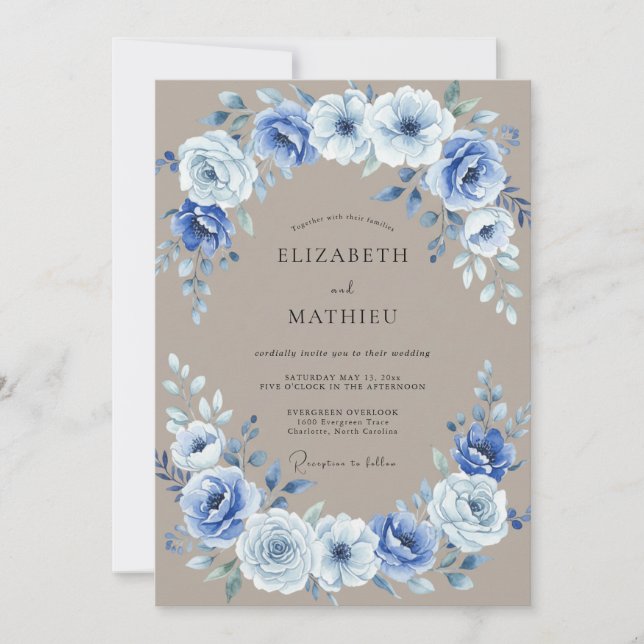 Invitation Mariage Dusty Blue Floral Laurel (Devant)