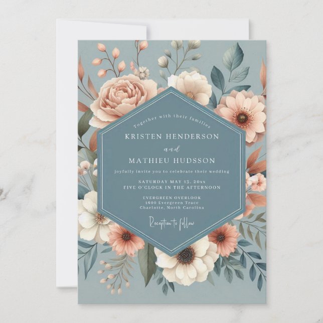 Invitation Mariage Dusty Blue Peach Flora (Devant)