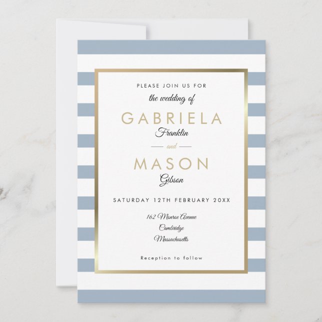 Invitation Mariage Dusty Blue Stripe| Faux Gold Foil (Devant)